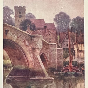 Kent Aylesford Vintage Print Watercolour Painting Art Antique Artwork English Old Church Bridge Townscape Landscape Picture