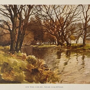 May include: A watercolour painting depicting a river scene with bare trees lining the banks. A solitary figure walks along the path on the left side of the image. The water is still and reflective, with a light brown tone. The painting is titled "On the Colne, Near Halstead."
