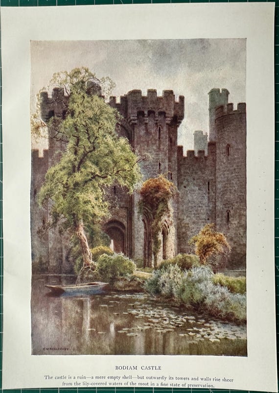 East Sussex Bodiam Castle Ruins Vintage Print Watercolour Painting