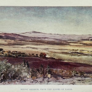 Puede incluir: Una impresión de paisaje vintage representa el Monte Hermón desde las laderas del Tabor. La obra de arte presenta una paleta de colores apagados de morados, marrones y verdes, con una cordillera distante bajo un cielo azul pálido. El texto en la parte inferior dice "Mount Hermon, From the Slopes of Tabor."
