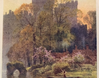 Warwick Warwickshire Warwick Castle from River Vintage Print Watercolour Painting English Medieval Castle Landscape