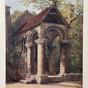 Kent Canterbury Kings School Norman Staircase Vintage Print Watercolour Paintingl Art Antique Artwork English Architecture Landscape Picture