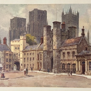 Wells Somerset Wells Cathedral and The Market Place Vintage Print Watercolour Painting Antique Artwork English Cityscape Picture