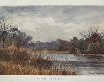Galloway Scotland Carlingwark Loch Vintage Print Watercolour Painting Scottish Mountains Landscape Picture