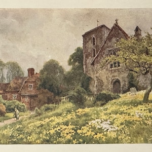 Canterbury Kent St Nicholas Church, Harbledown Vintage Print Watercolour Painting Art Antique Artwork English Country Village Landscape