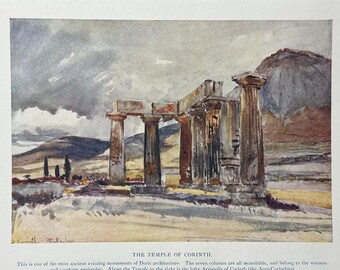 Greece The Temple of Corinth Vintage Print Watercolour Painting Greek Landscape Picture