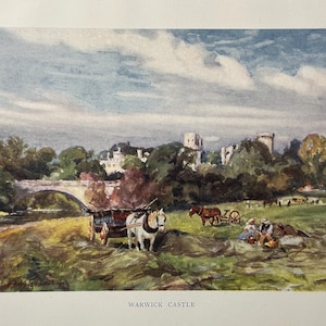 ウォリックシャー ウォリック城 ヴィンテージプリント 水彩画 アンティークアートワーク イギリスの田園風景画 エイボン川