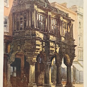 May include: A watercolor painting of a stone building with arched doorways and columns. The building has a dark brown facade with a light brown roof. The building is surrounded by a light brown sidewalk.