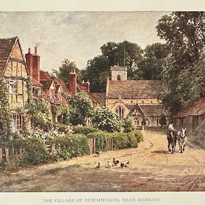 Surrey Betchworth Dorking Vintage Print Watercolour Painting Art Antique Artwork English Rural Village Countryside Landscape Picture