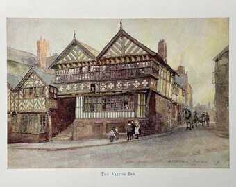 Chester Cheshire The Falcon Inn Vintage Print Watercolour Painting English Medieval Cathedral City Picture