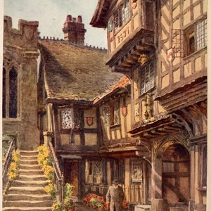 Warwick Leycester Hospital Vintage Print Watercolour Painting Art Antique Artwork English Tudor Architecture Streetscape Picture
