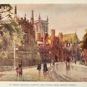 Cambridge St John’s College Gateway and Tower Vintage Print Watercolour Painting Art Antique Artwork English University Landscape Picture