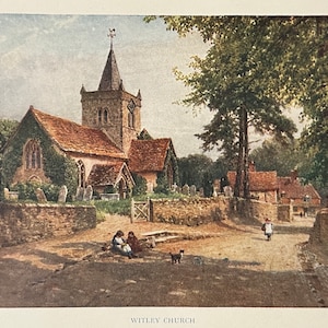 Surrey Witley Church Vintage Print Watercolour Painting Wall Art Home Decor Antique Artwork English Country Village Landscape Picture