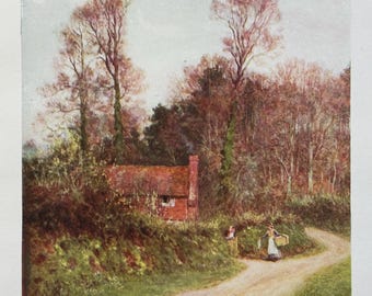 Cottages of England Witley Country Lane Surrey Vintage Small Print Watercolour Painting English Country Village Landscape Picture