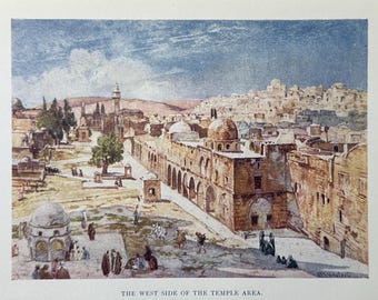 The Holy Land Jerusalem Temple Area Tower of Antonia Mount Zion from Mount Zion Vintage Print Watercolour Painting Landscape Picture