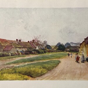 Stampa d'epoca in lana del Dorset, dipinto ad acquerello, opera d'arte antica, paesaggio di un villaggio di campagna inglese, dipinto