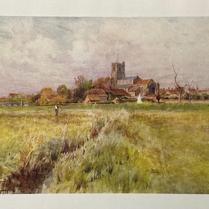 Stampa d'epoca di Dorset Wareham, dipinto ad acquerello, opera d'arte antica, storica città mercato di campagna inglese, immagine di paesaggio