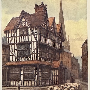 Hereford Herefordshire The Black And White House, High Town Vintage Print Watercolour Painting Art Antique Artwork English Architecture