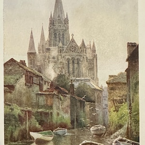May include: A watercolor painting of a cathedral with a tall spire, seen from a narrow street with boats in the water. The buildings are in a muted color palette of browns and grays, with a hint of green foliage.