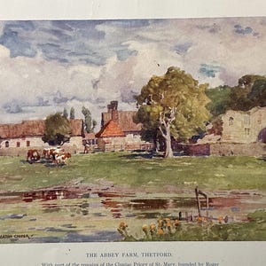 Norfolk Thetford Die Abtei Bauernhof Vintage Druck Aquarell Malerei Kunst Antike Kunstwerk Englische ländliche Land Stadt Landschaftsbild