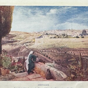 The Holy Land Jerusalem from Mount of Olives Vintage Small Print Watercolour Painting Art Antique Artwork Landscape Picture