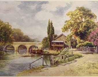 River Thames Original Vintage Print of Maidenhead Bridge on River Thames by E W Haslehust Watercolour Painting Art