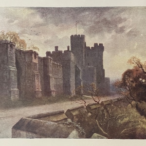 Windsor Berkshire North Terrace and Winchester Tower, Windsor Castle by Vintage Print Watercolour Painting Antique Artwork English Landscape