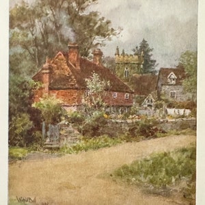 Hampshire Headley Village near Newbury Vintage Print Watercolour Painting Home Antique Artwork English Countryside Cottage Landscape Picture