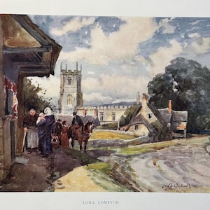 Warwickshire Long Compton Village Vintage Print Watercolour Painting Art Antique Artwork English Country Village Landscape Picture