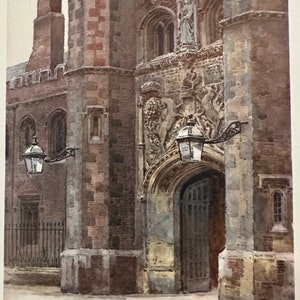 Cambridge St John’s College Gateway Vintage Watercolour Painting Art Antique Artwork English University City Architecture