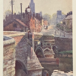 Norwich and Norfolk Broads The Bishop’s Bridge, River Wensum Vintage Print Watercolour Painting Antique Artwork English Cityscape Old Bridge