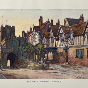 Warwickshire Warwick Leicester’s Hospital Vintage Print Watercolour Painting Art Antique Artwork English Town Old Architecture Picture
