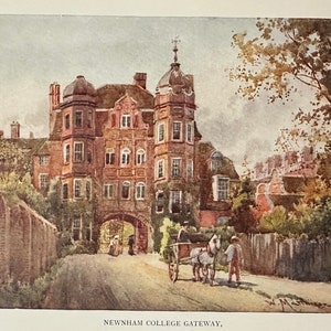 Cambridge Newnham College Gateway Vintage print aquarel kunst antiek kunstwerk Engelse universiteit architectuur foto