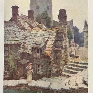 Puede incluir: Una pintura de acuarela de un edificio de piedra con un techo de pizarra y una torre alta. Una mujer con un sombrero rojo se encuentra en un camino de piedra frente al edificio. Hay patos nadando en un estanque en primer plano.