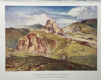 Greece Castle of Karytaena Arcadia Vintage Print Watercolour Painting Greek Landscape Picture