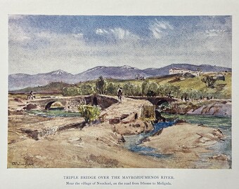 Greece Triple Bridge over Mavrozoumenos River Messenia Vintage Print Watercolour Painting Greek Landscape Picture