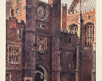 May include: Watercolor painting of a brick building with multiple towers and arched entryways. A large clock is visible on one of the towers. The artwork is signed in the lower left corner. The style is reminiscent of a historical architectural study.
