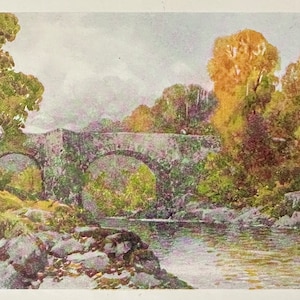 Könnte beinhalten: Ein Aquarellgemälde zeigt eine Steinbrücke mit drei Bögen über einem Fluss. Die Brücke ist mit Grün bedeckt, mit Bäumen in Grün-, Gelb- und Orangetönen. Das Wasser spiegelt die Brücke und die Bäume wider.