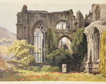 Scotland Melrose Abbey, Scottish Borders Vintage Print Watercolour Painting Antique Artwork Ruins Architecture Landscape Picture