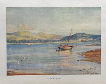 Wales Near Bangor Gwynedd Menai Strait Vintage Print Watercolour Painting Welsh Coastal Coastline Landscape Picture