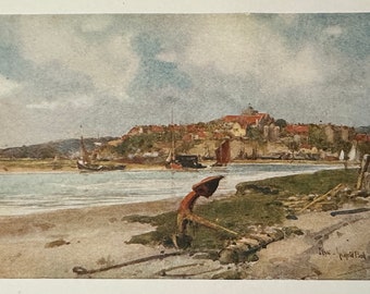 Sussex Rye East Sussex Town of Rye from Camber Sands Vintage Print Watercolour Painting English Seaside Town Landscape