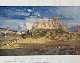Greece The Acropolis of Athens Vintage Print Watercolour Painting Greek Landscape Picture
