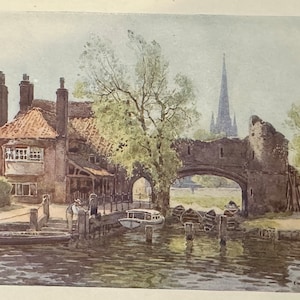 Norwich and Norfolk Broads Original Vintage Print of Pull’s Ferry, River Wensum and Cathedral by E W Haslehust Watercolour Painting Wall Art