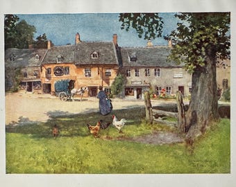 Cotswolds Stow on the Wold Gloucestershire Vintage Print Watercolour Painting Old English Village Landscape Picture