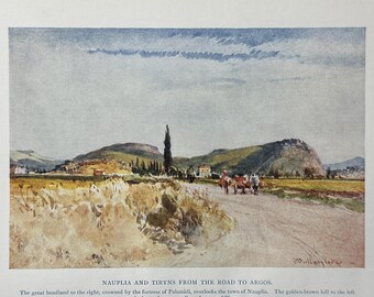 Greece Nauplia and Tiryns from the road to Argos Vintage Print Watercolour Painting Greek Landscape Picture