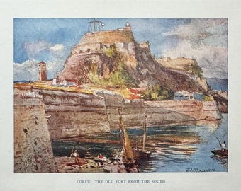 Greece Corfu the Old Fort from the South Vintage Print Watercolour Painting Greek Landscape Picture