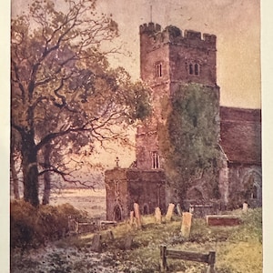 Kent Chalk Church Vintage Print Watercolour Painting Art Antique Artwork Landscape Old English Graveyard Cemetery Architecture Picture