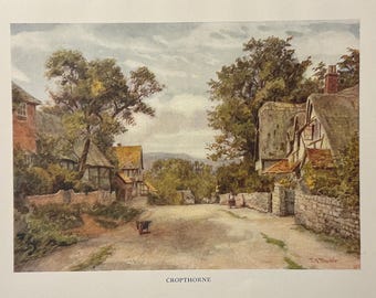 Worcestershire Cropthorne Vintage Small Print Watercolour Painting Art Thatched Cottages English Rural Country Village Landscape Picture