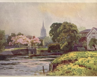 River Thames Marlow Lock on River Thames Vintage Print Watercolour Painting English Riverside Country Landscape Picture