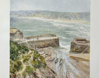 Cornwall Newquay Harbour Vintage Print Watercolour Painting Rural English Coastal Town Seascape Landscape Picture
